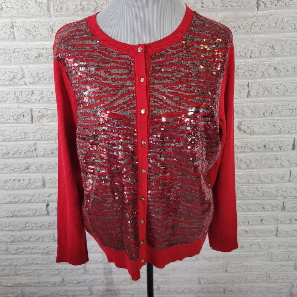 JM Collection Women's XL Red Sequin Cardigan Sweater Crew Neck Knit RED71E